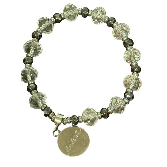 Rustic Cuff Christian Faith Stretch Bracelet Silver & Clear Beads Charm Logo - Picture 15 of 16